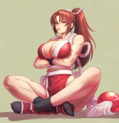 Rule 34 | 1girl, absurdres, bare legs, black socks, breasts, brown eyes, brown hair, cleavage, crossed arms, fatal fury, fujii eishun, full body, green background, hair ornament, high ponytail, highres, japanese clothes, large breasts, lips, long hair, muscular, muscular female, nail polish, ninja, ponytail, revealing clothes, rope, shiranui mai, simple background, sitting, snk, socks, solo, tabi, the king of fighters, very long hair