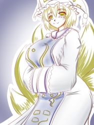 Rule 34 | 1girl, blonde hair, breasts, curvy, dress, female focus, fox, fox tail, gomesu, gradient background, hat, huge breasts, multiple tails, short hair, smile, solo, standing, tail, touhou, yakumo ran, yellow eyes
