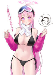 Rule 34 | 1girl, absurdres, bikini, black bikini, blue archive, blush, breasts, cleavage, closed mouth, commentary, cowboy shot, doodle sensei (blue archive), eimi (blue archive), eimi (swimsuit) (blue archive), eyewear on head, facing viewer, frown, goggles, halo, hands up, highres, jacket, large breasts, long sleeves, looking ahead, off shoulder, official alternate costume, open clothes, open jacket, pink hair, pink halo, pink jacket, ponytail, purple eyes, scarf, sensei (blue archive), side-tie bikini bottom, simple background, ski goggles, solo, spoken character, standing, string bikini, swimsuit, takkun0926, translation request, white background, white scarf