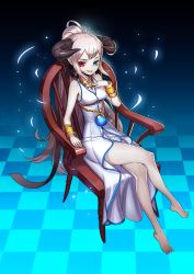 Rule 34 | 1girl, blonde hair, blue eyes, blush, breasts, chair, cleavage, colored skin, dungeon and fighter, full body, heterochromia, highres, horns, kim jin sung, long hair, looking at viewer, mage (dungeon and fighter), parted lips, plantar flexion, red eyes, short hair, sitting, smile, solo, white skin