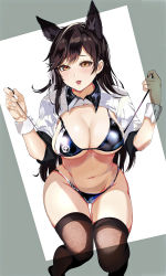 Rule 34 | 1girl, absurdres, animal ears, atago (azur lane), atago (stunning speedster) (azur lane), azur lane, bikini, black bikini, black hair, black thighhighs, breasts, brown eyes, checkered swing, dog ears, extra ears, highres, large breasts, logo, long hair, mole, mole under eye, omoyu, pool, race queen, ribbon, shrug (clothing), simple background, sitting, sleeve cuffs, solo, swept bangs, swimsuit, swing, thighhighs, two-tone bikini, white background, white ribbon, wrist cuffs