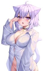 Rule 34 | 1girl, absurdres, ahoge, animal ear fluff, animal ears, blush, breast pocket, breasts, button gap, cat ears, cat tail, collar, collared shirt, deaver, dot nose, dress shirt, fang, groin, hair between eyes, hand up, highres, hololive, large breasts, long sleeves, looking at viewer, naked shirt, navel, nekomata okayu, nekomata okayu (oversized shirt), open mouth, partially unbuttoned, pocket, shirt, simple background, solo, tail, tail raised, virtual youtuber, white shirt