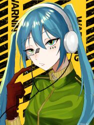 Rule 34 | 1girl, absurdres, aqua eyes, aqua hair, brown gloves, closed mouth, commentary, facial mark, glitch, gloves, green jacket, hair between eyes, hatsune miku, headphones, highres, jacket, long hair, looking at viewer, matryoshka (vocaloid), pointing, pointing at self, solo, tsukuno tsuki, twintails, upper body, vocaloid