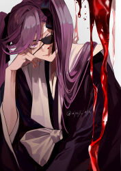 Rule 34 | 1girl, absurdres, ajuji aju, black bow, bleach, bleach: sennen kessen-hen, blood, blood on face, bow, closed mouth, eyepatch, hair between eyes, hair bow, haori, head on hand, highres, holding, japanese clothes, jewelry, long hair, long sleeves, looking at viewer, multiple hair bows, pink nails, purple eyes, purple hair, saitou furoufushi, simple background, smile, twintails, twitter username, very long hair, wide sleeves