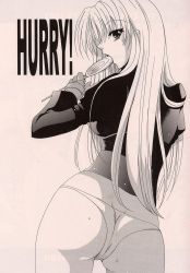 Rule 34 | 1girl, ass, backboob, breasts, butt crack, candy, food, from behind, highres, kula diamond, large breasts, legs, licking, long hair, looking at viewer, looking back, monochrome, open mouth, panties, snk, solo, the king of fighters, thighs, tongue, underwear