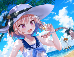 Rule 34 | 1boy, 1girl, :d, :o, ahoge, alternate costume, astolfo (fate), bare arms, bare shoulders, bead bracelet, beads, black bow, black ribbon, blue sailor collar, blue sky, blush, bow, bracelet, braid, cloud, collarbone, commentary request, dappled sunlight, day, dress, dutch angle, fang, fate/grand order, fate (series), floating hair, fujimaru ritsuka (female), glint, hair between eyes, hair bow, hat, hat ribbon, holding, holding hair, horizon, jewelry, long dress, long hair, looking at another, looking down, multicolored hair, naomi (fantasia), neck ribbon, one-piece swimsuit, open mouth, outdoors, pink hair, puffy short sleeves, puffy sleeves, purple eyes, ribbon, sailor collar, shell, short sleeves, side ponytail, single braid, sky, smile, solo focus, standing, streaked hair, summer, sun hat, sunlight, swimsuit, trap, tree, tree shade, tsurime, upper body, wading, white dress, white hair, white hat, white one-piece swimsuit, wind