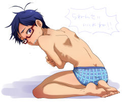 Rule 34 | 10s, 1boy, @@@, antenna hair, ass, bad id, bad pixiv id, blue briefs, blue hair, blue male underwear, blush, briefs, clenched teeth, crossed arms, embarrassed, free!, from behind, full body, glasses, looking at viewer, looking back, male focus, male underwear, plaid, plaid briefs, plaid male underwear, print briefs, print male underwear, print underwear, purple eyes, red-framed eyewear, ryuugazaki rei, semi-rimless eyewear, short hair, simple background, sitting, soles, solo, speech bubble, sweat, tears, teeth, toes, topless male, translation request, underwear, underwear only, white background