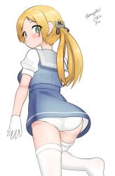 Rule 34 | 1girl, absurdres, anchor hair ornament, aqua eyes, ass, blonde hair, blue dress, cosplay, dated, dress, from behind, gloves, grey sailor collar, hair ornament, highres, kantai collection, long hair, looking at viewer, looking back, maru (marg0613), one-hour drawing challenge, panties, prinz eugen (kancolle), sailor collar, shirt, short sleeves, simple background, solo, standing, standing on one leg, thighhighs, twintails, twitter username, ukuru (kancolle), ukuru (kancolle) (cosplay), underwear, white background, white gloves, white panties, white shirt, white thighhighs