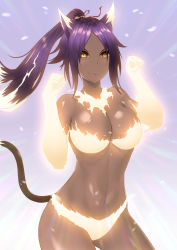 Rule 34 | 1girl, animal ears, bleach, bleach: sennen kessen-hen, breasts, cat ears, cat girl, cat tail, cleavage, commentary request, commission, dark-skinned female, dark skin, electricity, electrokinesis, energy, highres, kah zheng, large breasts, long hair, navel, paw pose, ponytail, purple hair, shihouin yoruichi, slit pupils, solo, tail, yellow eyes