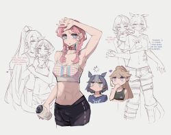 Rule 34 | absurdres, arknights, arm up, armpits, black sports bra, blue eyes, blue hair, blue poison (arknights), blue poison (shoal beat) (arknights), blue shirt, braid, breasts, brown hair, choker, commentary, couple, cropped shirt, earrings, english commentary, english text, glaucus (arknights), heart, highres, indigo (arknights), jewelry, loading icon, long hair, medium breasts, midriff, multicolored hair, navel, partially colored, pink hair, pointy ears, ponytail, purple eyes, red choker, shirt, short hair, shorts, sports bra, stomach, togekk0, twin braids, white sports bra, yuri