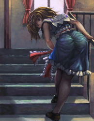 Rule 34 | 1girl, alice margatroid, ass, blonde hair, curtains, dress, frilled dress, frills, hairband, handrail, highres, looking at viewer, looking back, pantyhose, purple eyes, short hair, sleeveless, stairs, syuraime 0, touhou, wedgie, window