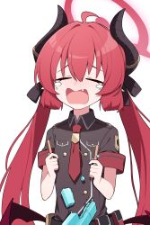 Rule 34 | 1girl, absurdres, black horns, blue archive, blush, commentary request, crying, fang, food, halo, highres, horns, junko (blue archive), long hair, low wings, mmhomm, necktie, open mouth, popsicle, red hair, red halo, red necktie, short sleeves, simple background, solo, tears, twintails, white background, wings