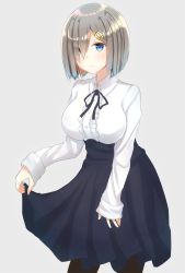 Rule 34 | 10s, 1girl, alternate costume, black pantyhose, blue eyes, blue skirt, breasts, center frills, clothes lift, dress, dress lift, eyes visible through hair, frills, grey background, hair ornament, hair over one eye, hairclip, hamakaze (kancolle), highres, kantai collection, large breasts, long sleeves, looking at viewer, meme attire, pantyhose, short hair, silver hair, simple background, skirt, sleeves past wrists, solo, sweatdrop, virgin killer outfit, wosero
