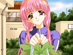 Rule 34 | 1girl, bag, brown eyes, building, bush, carnelian, cloud, day, food, game cg, hairband, holding, leaf, lens no mukougawa, parted lips, pink hair, industrial pipe, plastic bag, sky, solo, takaoka mimori, track suit, twintails, vegetable