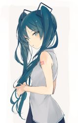 Rule 34 | 1girl, bare arms, bare shoulders, black skirt, blush, breasts, collared shirt, from side, green eyes, green hair, grey background, grey shirt, hair between eyes, hair ornament, hatsune miku, holding, holding own hair, long hair, lpip, parted lips, pleated skirt, shirt, skirt, sleeveless, sleeveless shirt, small breasts, solo, twintails, very long hair, vocaloid