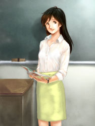 Rule 34 | 1girl, battan, book, bralines, breasts, chalkboard, closed mouth, commentary request, copyright request, desk, long hair, looking at viewer, see-through, skirt, smile, solo, teacher, watch