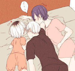 Rule 34 | 1boy, 2girls, bad id, bad pixiv id, black hair, black shirt, blue hair, blush, breasts, child, closed eyes, commentary request, family, father and daughter, from above, head kiss, heart, highres, husband and wife, kaneki ichika, kaneki ken, kirishima touka, kiss, lying, medium breasts, mother and daughter, multicolored hair, multiple girls, on bed, on side, on stomach, orange pajamas, pajamas, pillow, profile, shirt, short hair, short sleeves, speech bubble, tokyo ghoul, tokyo ghoul:re, toukaairab, two-tone hair, white hair, zzz