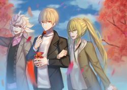 Rule 34 | 3boys, :d, bad id, bad pixiv id, black jacket, blonde hair, blue eyes, blue sky, brown jacket, cloud, collarbone, day, dress shirt, earrings, enkidu (fate), fate (series), gilgamesh (fate), green eyes, green hair, hair between eyes, holding, jacket, jewelry, locked arms, long hair, looking away, male focus, merlin (fate/stay night), multiple boys, open clothes, open jacket, open mouth, outdoors, petals, pink shirt, ponytail, red eyes, shirt, silver hair, sky, smile, spiked hair, standing, sweater, tree, very long hair, white shirt, white sweater, x key s