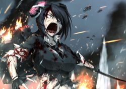 Rule 34 | 10s, 1girl, black hair, blood, blood stain, cardigan, constricted pupils, enemy aircraft (kancolle), explosion, eyepatch, fire, gloves, hetza (hellshock), injury, kantai collection, necktie, open mouth, short hair, smoke, solo, sword, tenryuu (kancolle), torn clothes, water, weapon, yellow eyes