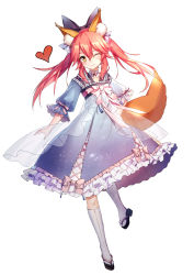 Rule 34 | 1girl, absurdres, aged down, animal ear fluff, animal ears, blue ribbon, bow, detached collar, fate (series), fox ears, fox tail, full body, hair between eyes, hair ribbon, hand on own hip, highres, kneehighs, lolita fashion, long hair, looking at viewer, neet cangshu, one eye closed, pink hair, ribbon, simple background, smile, socks, solo, standing, standing on one leg, tabi, tagme, tail, tamamo (fate), tamamo no mae (fate/extra), wa lolita, white background, white socks, yellow eyes