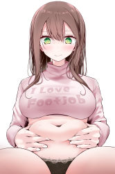 Rule 34 | 1girl, @ @, belly grab, black panties, blush, brown hair, clothes writing, green eyes, highres, holding stomach, lace trim, ol-chan (oouso), oouso, original, panties, stomach, stomach day, sweatdrop, sweater, underwear, weight conscious