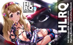 Rule 34 | 1girl, boots, breasts, brown eyes, brown hair, car interior, cleavage, commentary request, company connection, dutch angle, final lap (game), fingerless gloves, gloves, hair ornament, hairband, heart, heart hair ornament, highleg, highleg leotard, highres, idolmaster, idolmaster million live!, large breasts, leotard, long hair, long sleeves, looking at viewer, miyao miya, nail polish, namco, race queen, run p (aveton), solo, thick eyebrows, thigh boots, thighhighs, yellow nails