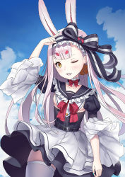 Rule 34 | 1girl, alternate costume, animal ears, aqua nails, azur lane, bad id, bad pixiv id, belt, blue sky, blunt bangs, blush, breasts, cloud, collar, collarbone, commentary, day, dress, frilled collar, frilled dress, frilled headband, frilled skirt, frilled sleeves, frills, headband, looking to the side, nail polish, pink hair, puffy sleeves, rabbit ears, rhasta, shimakaze (azur lane), sideboob, skindentation, skirt, sky, small breasts, smile, solo, thick eyebrows, thighhighs, white thighhighs, yellow eyes