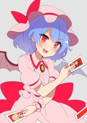 Rule 34 | &gt;:), 1girl, 60mai, :d, bat wings, blue hair, blush, bow, brooch, commentary request, cowboy shot, dress, fang, flandre scarlet, flat color, grey background, hakurei reimu, hat, hat bow, head tilt, holding, holding photo, jewelry, looking at viewer, mob cap, open mouth, photo (object), pink dress, pink hat, puffy short sleeves, puffy sleeves, red bow, red eyes, red sash, remilia scarlet, sash, short hair, short sleeves, simple background, smile, solo, touhou, v-shaped eyebrows, wings, wrist cuffs