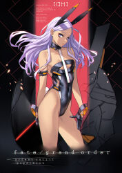 Rule 34 | 1girl, animal ears, arm strap, armband, ban! (bansankan), bare legs, bare shoulders, black background, black gloves, black leotard, breasts, character name, cleavage, collar, collarbone, copyright name, cowboy shot, cropped legs, dark-skinned female, dark skin, detached collar, dx (fate), english text, fake animal ears, fate/grand order, fate (series), floating hair, forehead, gloves, highleg, highleg leotard, highres, leotard, light purple hair, long hair, looking at viewer, mecha musume, mechanical ears, parted bangs, parted lips, purple eyes, purple hair, rabbit ears, rabbit tail, rani xii, science fiction, small breasts, standing, strapless, strapless leotard, tail, thighs