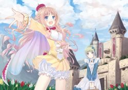 Rule 34 | 2girls, :o, atelier (series), atelier meruru, bad id, bad pixiv id, basket, bloomers, blue eyes, blush, bow, braid, breasts, brooch, cape, castle, chm (macharge), cloud, crown, day, female focus, flower, green hair, half updo, hat, jewelry, kaena swaya, long hair, looking at viewer, medium breasts, merurulince rede arls, mountain, multiple girls, open mouth, outstretched arms, red bow, short hair, sky, smile, tulip, underwear, v arms, white bloomers