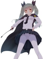 Rule 34 | 10s, 1girl, anchovy (girls und panzer), belt, between breasts, black cape, black necktie, black ribbon, blue skirt, blush, breasts, cameltoe, cape, collared shirt, crotch seam, drill hair, from below, girls und panzer, green hair, grin, hair ribbon, hand on own hip, highres, holding, kiyomin, legs apart, long hair, long sleeves, looking at viewer, miniskirt, necktie, necktie between breasts, panties, pantyhose, pleated skirt, red eyes, ribbon, riding crop, shirt, simple background, skirt, smile, solo, standing, twin drills, twintails, underwear, upskirt, white background, white panties, white pantyhose, white shirt