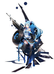 Rule 34 | 1girl, amplifier, black footwear, black skirt, blue eyes, blue hair, boots, detached sleeves, full body, hatsune miku, long hair, looking at viewer, shoulder tattoo, skirt, solo, standing, standing on one leg, tattoo, thigh boots, thighhighs, twintails, very long hair, vocaloid, x-red flower