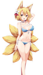 Rule 34 | 1girl, animal ears, arm at side, arm up, bare arms, bare legs, bare shoulders, bikini, blonde hair, blue bikini, breasts, cleavage, collar, flower, fox ears, fox tail, front-tie bikini top, front-tie top, groin, hair flower, hair ornament, highres, looking at viewer, maturiuta sorato, medium breasts, multiple tails, navel, open mouth, shiny skin, side-tie bikini bottom, simple background, solo, standing, stomach, swimsuit, tail, touhou, white background, white flower, yakumo ran, yellow eyes