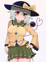 Rule 34 | 1girl, absurdres, black hat, blouse, blush, breasts, buttons, closed mouth, collared shirt, cowboy shot, diamond button, eyeball, eyes visible through hair, frilled shirt collar, frilled sleeves, frills, frown, green eyes, green skirt, grey hair, hair between eyes, hand on own hip, hat, hat ribbon, heart, heart of string, highres, komeiji koishi, long sleeves, medium breasts, medium hair, miniskirt, ribbon, shirt, simple background, skirt, solo, standing, third eye, topadori, touhou, white background, wide sleeves, yellow ribbon, yellow shirt