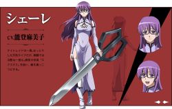 Rule 34 | 10s, 1girl, akame ga kill!, akame ga kill! character sheet, breasts, character sheet, chinese clothes, cleavage, glasses, official art, purple eyes, purple hair, scar, scissors, sheele, simple background, solo