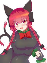 Rule 34 | 1girl, :d, animal ears, black bow, black dress, blush, bow, braid, breasts, cat ears, cat tail, dress, hair bow, highres, juliet sleeves, kaenbyou rin, large breasts, long hair, long sleeves, looking at viewer, multiple tails, nekomata, open mouth, puffy sleeves, red eyes, red hair, seo haruto, simple background, smile, solo, tail, touhou, twin braids, white background
