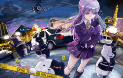 Rule 34 | 1girl, aircraft, black gloves, blazer, blood, blood splatter, blunt bangs, boots, braid, building, bulletproof vest, buttons, camera, car, caution tape, character name, chevrolet, clenched hand, clothes writing, cloud, copyright name, crime scene, csi, danganronpa: trigger happy havoc, danganronpa (series), detective, english text, fisheye, floating hair, formal, frown, gloves, hair ribbon, helicopter, heterochromia, holding, holding own arm, jacket, kevlar, kirigiri kyoko, knee boots, las vegas, long hair, long sleeves, looking at viewer, miniskirt, monokuma, motor vehicle, necktie, night, night sky, outdoors, parody, pink blood, pink eyes, pink hair, pleated skirt, police car, caution tape, purple eyes, pyramid (structure), receiver, red eyes, ribbon, searchlight, shirt, side braid, silver hair, single braid, skirt, skirt suit, sky, skyscraper, spark (sandro), spotlight, standing, suit, vehicle, very long hair, vest, walkie-talkie, wing collar