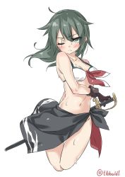 Rule 34 | 10s, 1girl, arm behind back, bad id, bad twitter id, bare arms, bare shoulders, bikini, blush, bottomless, breasts, brown gloves, cleavage, closed mouth, collarbone, cowboy shot, cropped legs, ebifurya, front-tie top, frown, gloves, green hair, grey eyes, groin, highres, inactive account, kantai collection, kiso (kancolle), long hair, looking at viewer, medium breasts, navel, no panties, one eye closed, sarong, scabbard, scar, scar across eye, scar on face, sheath, sheathed, simple background, solo, stomach, sweat, swimsuit, sword, twitter username, weapon, white background