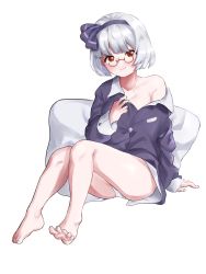 Rule 34 | 1girl, adapted costume, bare legs, barefoot, black hairband, black pajamas, black ribbon, blush, bob cut, breasts, collarbone, commentary request, commission, glasses, hair ribbon, hairband, highres, konpaku youmu, long sleeves, no pants, pajamas, panties, partially unbuttoned, pillow, red-framed eyewear, red eyes, ribbon, short hair, silver hair, simple background, sitting, small breasts, smile, taeminhyeon, toes, touhou, underwear, white background, white panties