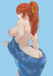 Rule 34 | 1girl, areola slip, ass, blue background, blue kimono, breasts, butt crack, cowboy shot, dead or alive, hair ribbon, highres, japanese clothes, kasumi (doa), kimono, kimono pull, large breasts, nipples, ponytail, red eyes, red hair, ribbon, tezy8art, yellow ribbon
