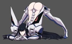 Rule 34 | 1girl, ass, back, bent over, black hair, blue eyes, boots, breasts, cleavage, closed mouth, clothes pull, gloves, hanging breasts, high heels, jack-o&#039; challenge, junketsu, kamui (kill la kill), kamuify, kill la kill, kiryuuin satsuki, long hair, long sleeves, meme, miniskirt, panties, sidelocks, simple background, skirt, skirt pull, solo, spread legs, staring, thick eyebrows, thigh boots, thighhighs, top-down bottom-up, underwear, very long hair, wide spread legs