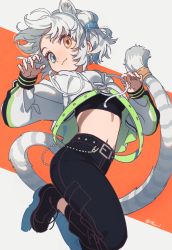 Rule 34 | 1girl, :3, animal ear fluff, animal ears, backlighting, belt, belt buckle, black belt, black footwear, black pants, blue eyes, brown eyes, buckle, byakko (kemono friends), chain, claw pose, closed mouth, crop top, cropped hoodie, cross-laced footwear, drawstring, extra ears, feet up, film grain, floating hair, from side, full body, green belt, grey background, hands up, heterochromia, highres, hood, hoodie, jewelry, jumping, kemono friends, kemono friends 3, long sleeves, long tail, looking at viewer, looking to the side, midriff, namihaya, navel, no socks, official alternate costume, orange background, pants, pocket, puffy long sleeves, puffy sleeves, ring, shoelaces, shoes, short hair, silhouette, sleeve cuffs, smile, sneakers, solo, stomach, striped tail, tail, tail ornament, tail raised, tiger ears, tiger girl, tiger tail, twitter username, two-sided fabric, two-tone background, white hair, white hoodie, yellow eyes