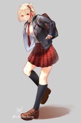 Rule 34 | 1girl, absurdres, alternate costume, aoi hane, backpack, bag, black socks, blazer, blonde hair, breasts, brown footwear, clenched teeth, collared shirt, commentary request, grey background, grey jacket, hair between eyes, hair ribbon, hand in pocket, highres, jacket, kneehighs, large breasts, loafers, long sleeves, looking at viewer, lycoris recoil, necktie, nishikigi chisato, one side up, open clothes, open jacket, plaid, plaid skirt, pleated skirt, red eyes, red necktie, red ribbon, red skirt, ribbon, school uniform, shirt, shoes, short hair, signature, simple background, skirt, smile, socks, solo, tachi-e, teeth, twitter username, uniform, white shirt