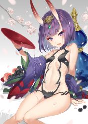Rule 34 | 1girl, alcohol, arm support, bare shoulders, bob cut, cherry blossoms, commentary request, cup, eyebrows, fangs, fate (series), flat chest, food, fruit, grapes, highres, horns, japanese clothes, kimono, light smile, looking at viewer, oni, open mouth, purple eyes, purple hair, sakazuki, sake, short hair, shuten douji (fate), sitting, skin-covered horns, solo, yusano