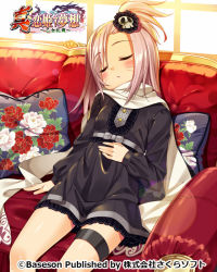 Rule 34 | 1girl, black dress, bucchake (asami), couch, dress, closed eyes, hand on own stomach, jokou, koihime musou, leaning back, long hair, official art, open mouth, pillow, pink hair, scarf, short dress, side ponytail, sitting, sleeping, solo, thigh strap, white scarf, window