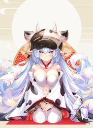 Rule 34 | 1girl, absurdres, animal ears, animal print, blue hair, breasts, cleavage, cow ears, cow hood, cow horns, cow print, detached sleeves, draph, earrings, granblue fantasy, highres, horns, jewelry, large breasts, long hair, looking at viewer, navel, red eyes, catura (granblue fantasy), shionji ax, sitting, solo, very long hair, wariza, white legwear, wide sleeves