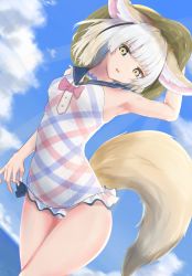 Rule 34 | absurdres, animal ear fluff, animal ears, arm up, armpits, bare arms, bare shoulders, blonde hair, brown hair, day, dutch angle, extra ears, fennec (kemono friends), fox ears, fox girl, fox tail, frilled swimsuit, frills, gradient hair, hand on headwear, hat, highres, horizon, jewelry, kemono friends, looking at viewer, medium hair, mine tsukasa, multicolored hair, ocean, one-piece swimsuit, outdoors, parted lips, pendant, pinky out, solo, straw hat, swimsuit, tail, water, white hair, yellow eyes