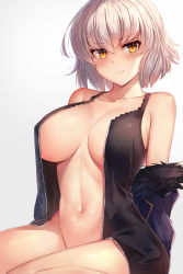 Rule 34 | 1girl, black dress, blue coat, blush, breasts, closed mouth, coat, collarbone, commentary, dress, fate/grand order, fate (series), fur-trimmed coat, fur trim, hair between eyes, highres, jeanne d&#039;arc (fate), jeanne d&#039;arc alter (fate), jeanne d&#039;arc alter (ver. shinjuku 1999) (fate), large breasts, looking at viewer, motokonut, navel, off shoulder, official alternate costume, open clothes, open coat, open dress, short dress, short hair, silver hair, sitting, solo, thighs, wariza, wicked dragon witch ver. shinjuku 1999, yellow eyes