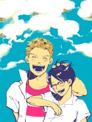 Rule 34 | 2boys, :d, artist request, black hair, blonde hair, blue background, blush, closed eyes, cloud, cross scar, elbowing, facial scar, glasses, hand in another&#039;s hair, hat, height difference, kawabuchi sentarou, male focus, military hat, multiple boys, nishimi kaoru, open mouth, ruffling hair, sakamichi no apollon, scar, scar on cheek, scar on face, shirt, short hair, smile, striped clothes, striped shirt, upper body