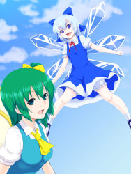 Rule 34 | 2girls, ascot, black footwear, bloomers, blue bow, blue dress, blue eyes, blue hair, blue sky, bow, cirno, cloud, collared shirt, commentary, daiyousei, dress, green eyes, green hair, hair bow, highres, ice, ice wings, kakone, looking at viewer, multiple girls, outdoors, shirt, short sleeves, sky, socks, touhou, undershirt, underwear, white shirt, white socks, wings, yellow ascot